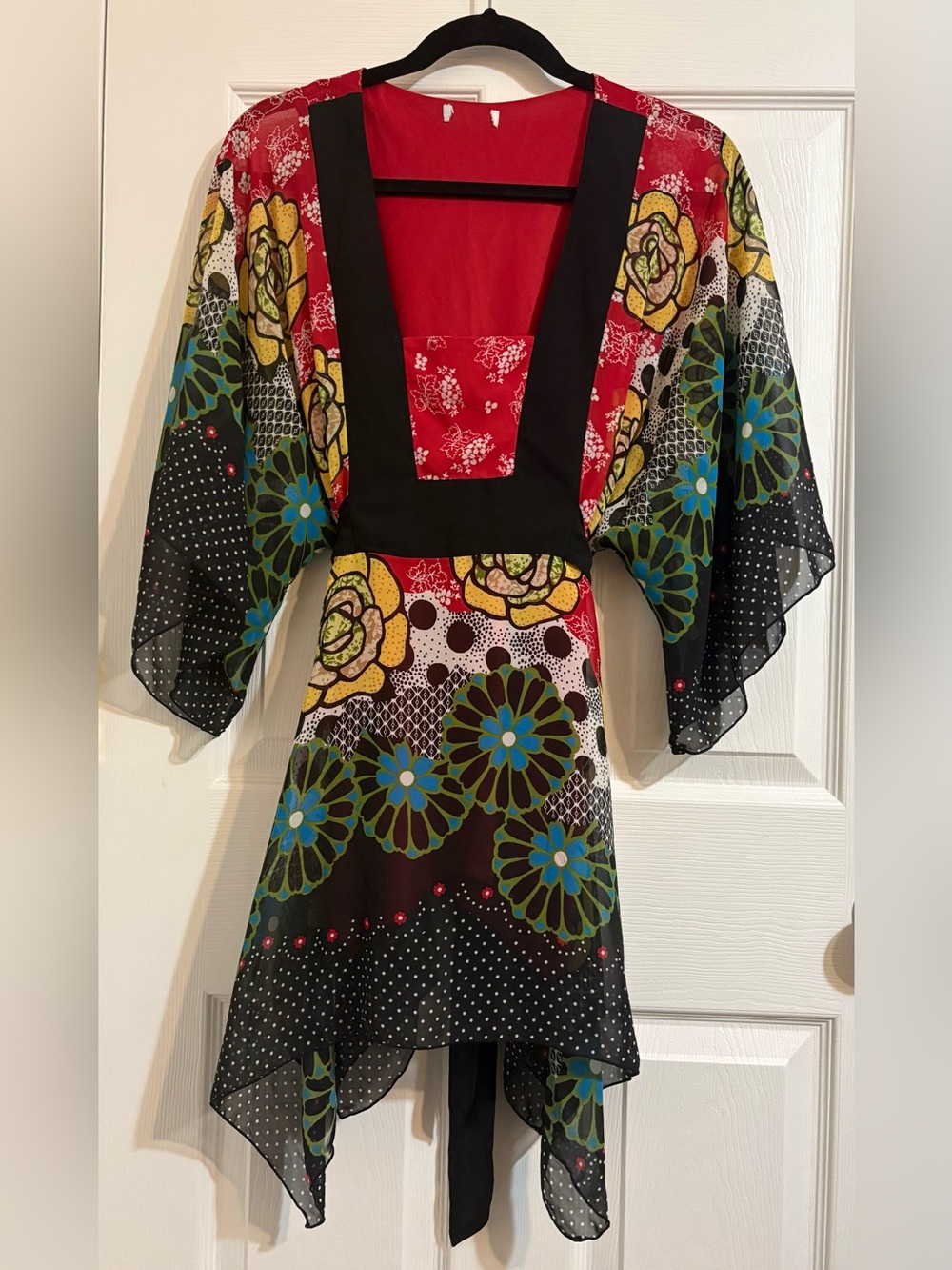 NICOLE, Red Floral Sheer Kimono Cover-Up with Black Tie